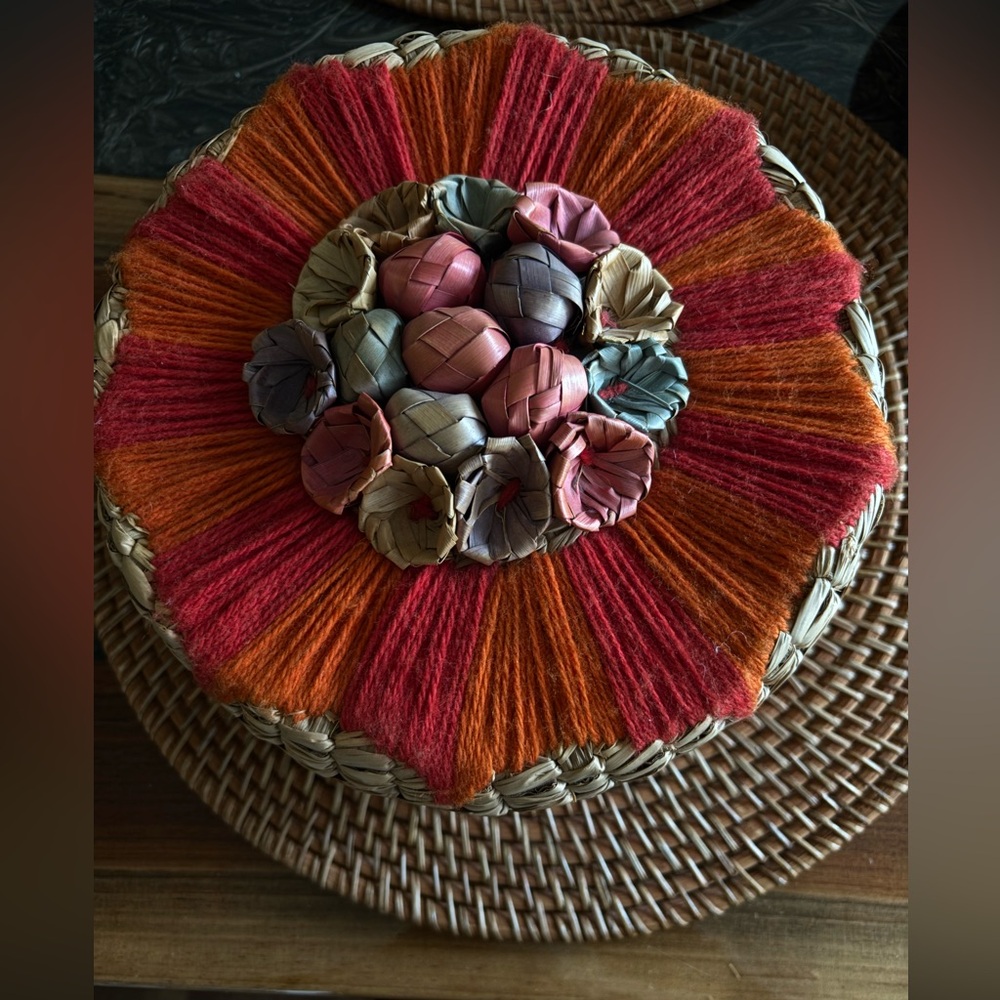 Round lidded basket with woven flowers & yarn decoration on top 9 x 5